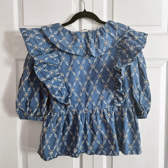 Zara Cotton Chambray Eyelet Peplum Blouse - Picture 3 of 4